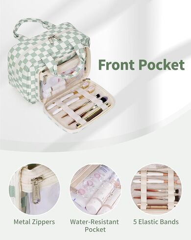 حقيبة أدوات زينة السفر ذات الحجم الكامل Narwey للنساء المسافرات ، منظم كيس مكياج مستحضرات تجميل مفتوحة على مصراعيها ، حقيبة سفر مدققة لمستلزمات الاستحمام مع مقبض (لوحة المشية الخضراء) in Kuwait