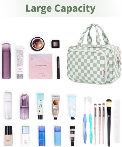 حقيبة أدوات زينة السفر ذات الحجم الكامل Narwey للنساء المسافرات ، منظم كيس مكياج مستحضرات تجميل مفتوحة على مصراعيها ، حقيبة سفر مدققة لمستلزمات الاستحمام مع مقبض (لوحة المشية الخضراء) in Kuwait