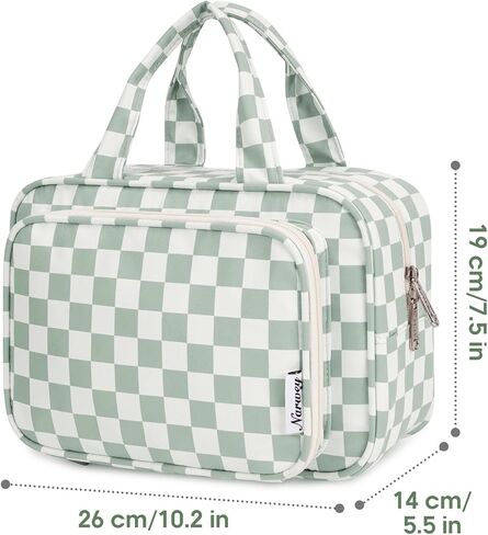 حقيبة أدوات زينة السفر ذات الحجم الكامل Narwey للنساء المسافرات ، منظم كيس مكياج مستحضرات تجميل مفتوحة على مصراعيها ، حقيبة سفر مدققة لمستلزمات الاستحمام مع مقبض (لوحة المشية الخضراء) in Kuwait