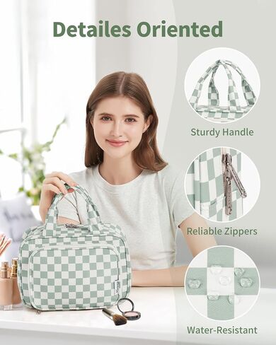 حقيبة أدوات زينة السفر ذات الحجم الكامل Narwey للنساء المسافرات ، منظم كيس مكياج مستحضرات تجميل مفتوحة على مصراعيها ، حقيبة سفر مدققة لمستلزمات الاستحمام مع مقبض (لوحة المشية الخضراء) in Kuwait