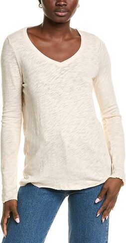 Tan V-Neck Slub Jersey Long Sleeve Tee by ATM in Saudi Arabia