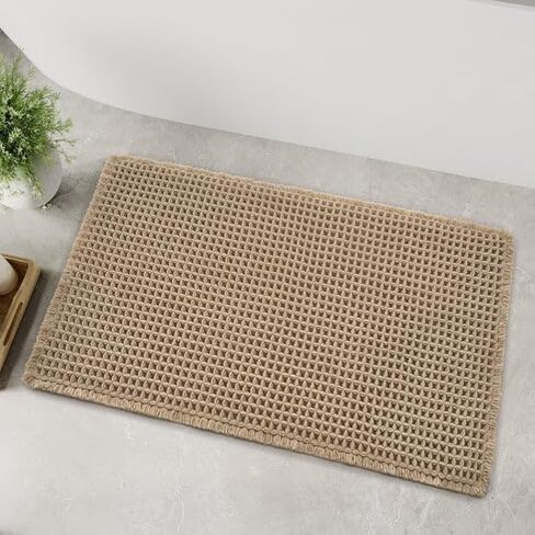 Waffle Bath Mat, Super Absorbent Non Slip Bath Mat for Bathroom, Machine Washable Bathroom Rug with Tassels, Rubber Backed Bathroom Mat (36"x24") in Saudi Arabia