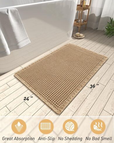 Waffle Bath Mat, Super Absorbent Non Slip Bath Mat for Bathroom, Machine Washable Bathroom Rug with Tassels, Rubber Backed Bathroom Mat (36"x24") in Saudi Arabia