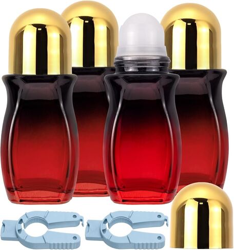 Ellbest 4Pcs Rollerball Bottles Set 50ml Gradient Red Glass Deodorant Roller Bottle with Plastic Roller Ball and 2Pcs Opener Perfume Roll On Bottles Deodorant Containers for Essential Oils (Black Lid) in Kuwait