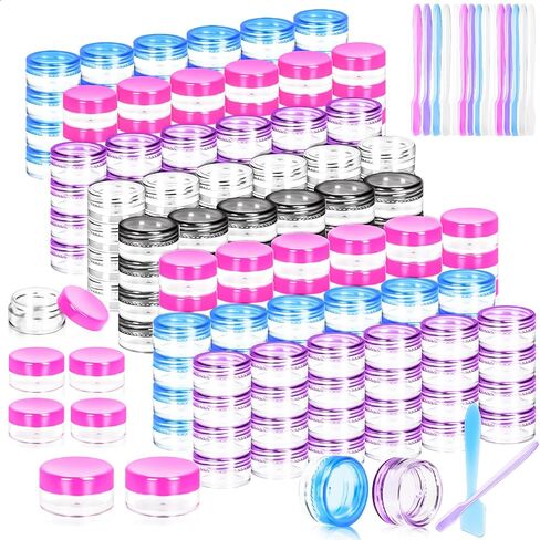 MotBach 100 Pack 3g 5g Plastic Jars Round Clear Cosmetic Containers with Lids, 3ml 5ml Travel Size Containers Sample Jars with Spatulas for Makeup Cosmetic Sample Lotion Cream Salve Balm Powder Travel in Saudi Arabia