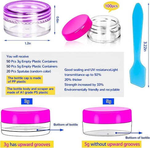 MotBach 100 Pack 3g 5g Plastic Jars Round Clear Cosmetic Containers with Lids, 3ml 5ml Travel Size Containers Sample Jars with Spatulas for Makeup Cosmetic Sample Lotion Cream Salve Balm Powder Travel in Saudi Arabia