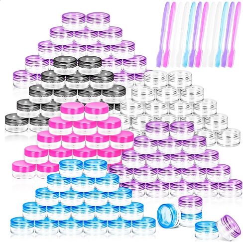 MotBach 100 Pack 3g 5g Plastic Jars Round Clear Cosmetic Containers with Lids, 3ml 5ml Travel Size Containers Sample Jars with Spatulas for Makeup Cosmetic Sample Lotion Cream Salve Balm Powder Travel in Saudi Arabia