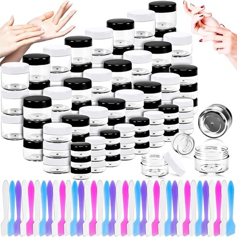 Motbach 100 Pack 3G 5G الجرار البلاستيكية جولة حاويات مستحضرات تجميل واضحة مع أغطية ، 3 مل من حاويات حجم سفر 5ML عينة من الجرار مع ملاعق للمكياج مستحضرات مستحضرات المستحضرات المسحوق المسحوق المسحوق in Kuwait