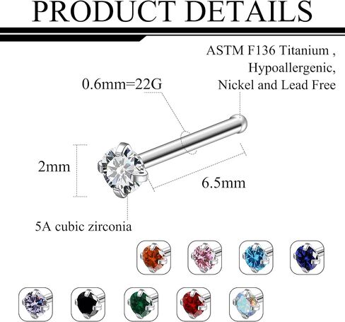 Ruifan ASTM F136 Titanium أنف أنف Rings 18G 20G 22G مزيج اللون مكعب الزركونيا أنف الأزرار حلقة المسمار على شكل عظم على شكل عظم عظمي هوبويرجينيك مثقوب المجوهرات للنساء 1.5 مم 2 مم 2.5 مم 3 مم 10 مساء in Saudi Arabia