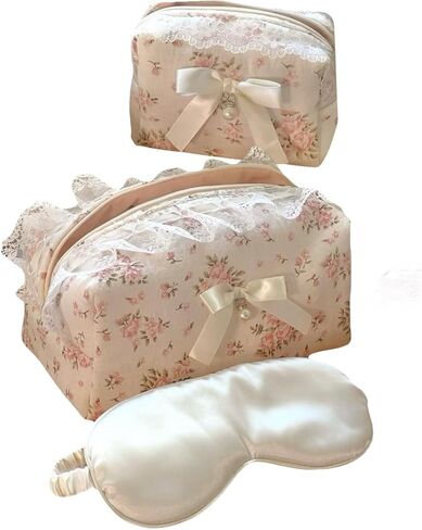 Floral Makeup Bag Set of 2 with Pearl Lace Bow + Silk Eye Mask, Coquette Accessories, Aesthetic Cute Makeup Bags for Women, Large & Small Pouch Set, Cotton Pouches for Purse, Gift Set for Women Girls in Saudi Arabia