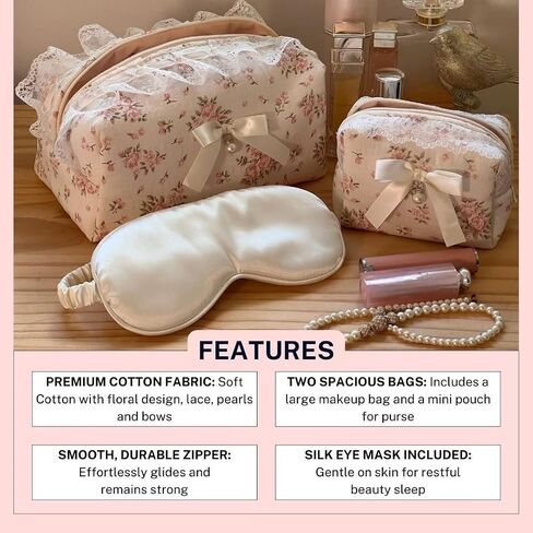 Floral Makeup Bag Set of 2 with Pearl Lace Bow + Silk Eye Mask, Coquette Accessories, Aesthetic Cute Makeup Bags for Women, Large & Small Pouch Set, Cotton Pouches for Purse, Gift Set for Women Girls in Saudi Arabia