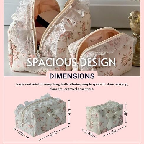 Floral Makeup Bag Set of 2 with Pearl Lace Bow + Silk Eye Mask, Coquette Accessories, Aesthetic Cute Makeup Bags for Women, Large & Small Pouch Set, Cotton Pouches for Purse, Gift Set for Women Girls in Saudi Arabia