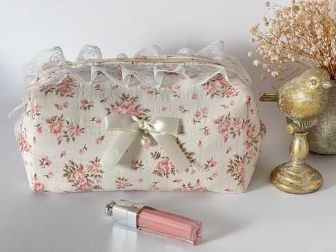Floral Makeup Bag Set of 2 with Pearl Lace Bow + Silk Eye Mask, Coquette Accessories, Aesthetic Cute Makeup Bags for Women, Large & Small Pouch Set, Cotton Pouches for Purse, Gift Set for Women Girls in Saudi Arabia