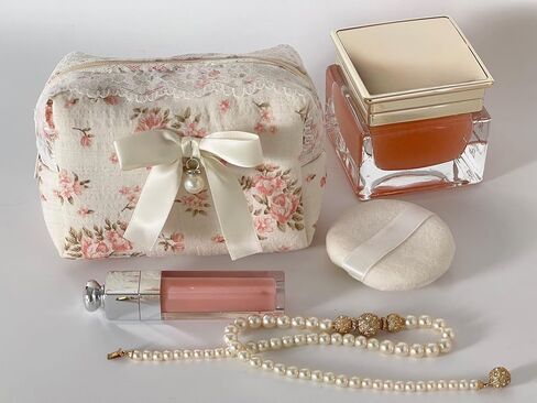 Floral Makeup Bag Set of 2 with Pearl Lace Bow + Silk Eye Mask, Coquette Accessories, Aesthetic Cute Makeup Bags for Women, Large & Small Pouch Set, Cotton Pouches for Purse, Gift Set for Women Girls in Saudi Arabia