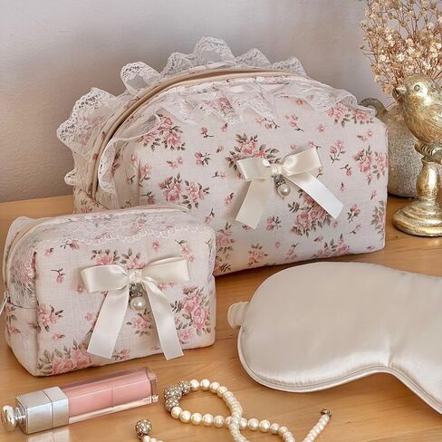 Floral Makeup Bag Set of 2 with Pearl Lace Bow + Silk Eye Mask, Coquette Accessories, Aesthetic Cute Makeup Bags for Women, Large & Small Pouch Set, Cotton Pouches for Purse, Gift Set for Women Girls in Saudi Arabia
