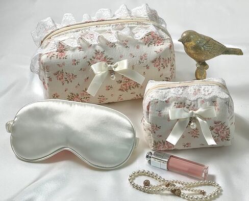 Floral Makeup Bag Set of 2 with Pearl Lace Bow + Silk Eye Mask, Coquette Accessories, Aesthetic Cute Makeup Bags for Women, Large & Small Pouch Set, Cotton Pouches for Purse, Gift Set for Women Girls in Saudi Arabia