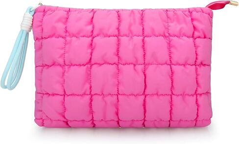 DOB SECHS Puffer Quilted Makeup Bag with Handle, Cute Puffy Cotton Cosmetic Bags for Women, Checkered Toiletry Zipper Pouch, Travel Essentials Storage Organizer Clutch Pouches Pencil Case, Hot Pink in Kuwait