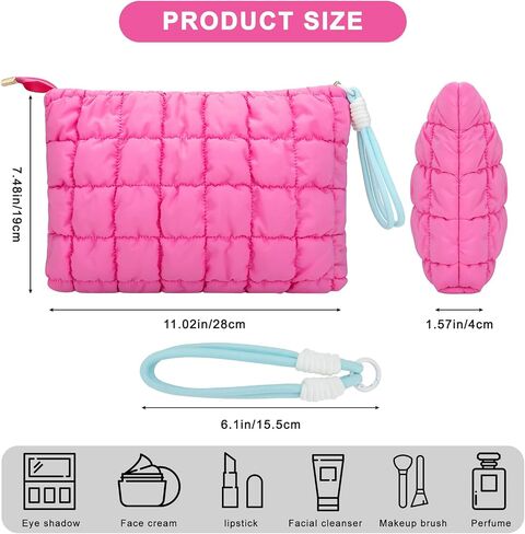 DOB SECHS Puffer Quilted Makeup Bag with Handle, Cute Puffy Cotton Cosmetic Bags for Women, Checkered Toiletry Zipper Pouch, Travel Essentials Storage Organizer Clutch Pouches Pencil Case, Hot Pink in Kuwait