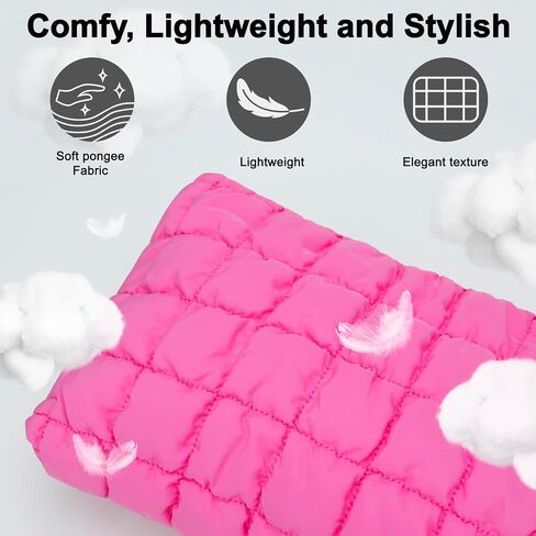 DOB SECHS Puffer Quilted Makeup Bag with Handle, Cute Puffy Cotton Cosmetic Bags for Women, Checkered Toiletry Zipper Pouch, Travel Essentials Storage Organizer Clutch Pouches Pencil Case, Hot Pink in Kuwait