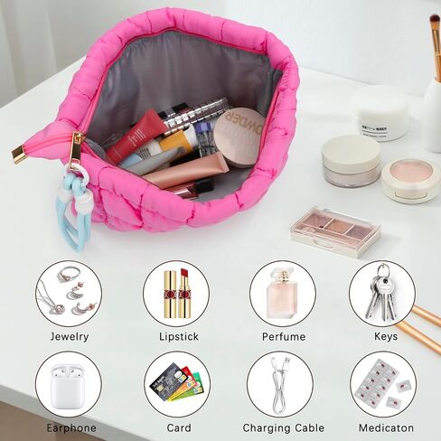 DOB SECHS Puffer Quilted Makeup Bag with Handle, Cute Puffy Cotton Cosmetic Bags for Women, Checkered Toiletry Zipper Pouch, Travel Essentials Storage Organizer Clutch Pouches Pencil Case, Hot Pink in Kuwait