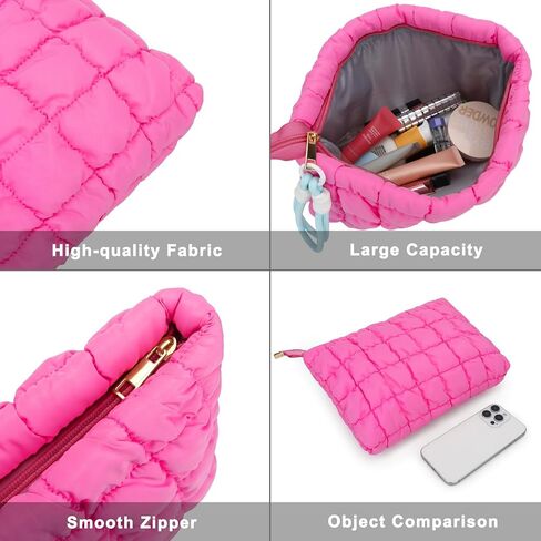DOB SECHS Puffer Quilted Makeup Bag with Handle, Cute Puffy Cotton Cosmetic Bags for Women, Checkered Toiletry Zipper Pouch, Travel Essentials Storage Organizer Clutch Pouches Pencil Case, Hot Pink in Kuwait