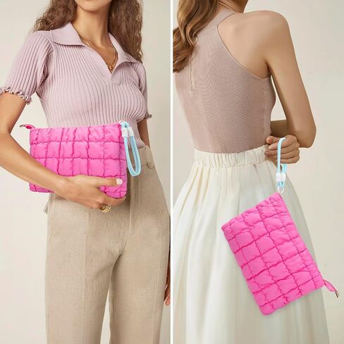 DOB SECHS Puffer Quilted Makeup Bag with Handle, Cute Puffy Cotton Cosmetic Bags for Women, Checkered Toiletry Zipper Pouch, Travel Essentials Storage Organizer Clutch Pouches Pencil Case, Hot Pink in Kuwait