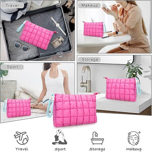 DOB SECHS Puffer Quilted Makeup Bag with Handle, Cute Puffy Cotton Cosmetic Bags for Women, Checkered Toiletry Zipper Pouch, Travel Essentials Storage Organizer Clutch Pouches Pencil Case, Hot Pink in Kuwait