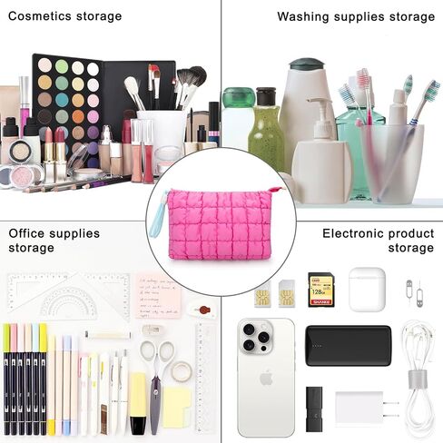 DOB SECHS Puffer Quilted Makeup Bag with Handle, Cute Puffy Cotton Cosmetic Bags for Women, Checkered Toiletry Zipper Pouch, Travel Essentials Storage Organizer Clutch Pouches Pencil Case, Hot Pink in Kuwait