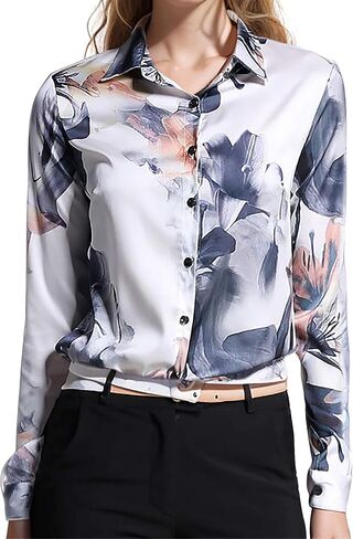 LAI MENG FIVE CATS Women's Shirt Floral Print Long Sleeves Button Down Casual Blouse Top in Kuwait
