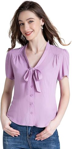 Women's Printed Front Bow tie Button Down Short Sleeve Shirt 1950s Retro Elegant Blouse Tops in Saudi Arabia