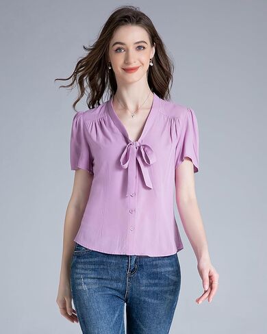 Women's Printed Front Bow tie Button Down Short Sleeve Shirt 1950s Retro Elegant Blouse Tops in Saudi Arabia