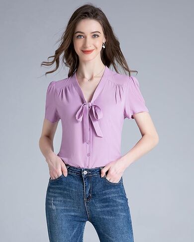 Women's Printed Front Bow tie Button Down Short Sleeve Shirt 1950s Retro Elegant Blouse Tops in Saudi Arabia