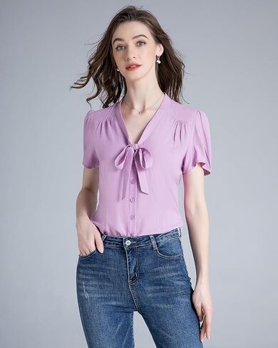 Women's Printed Front Bow tie Button Down Short Sleeve Shirt 1950s Retro Elegant Blouse Tops in Saudi Arabia