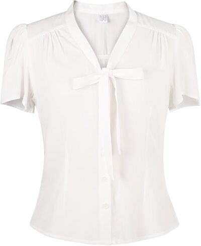 Women's Printed Front Bow tie Button Down Short Sleeve Shirt 1950s Retro Elegant Blouse Tops in Saudi Arabia