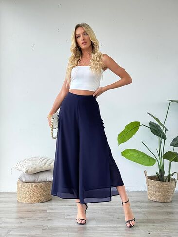 Women's Summer Capris Culottes Chiffon Wide Leg Palazzo Pants Pull on Side Split Trouser Beach Outfit in Saudi Arabia