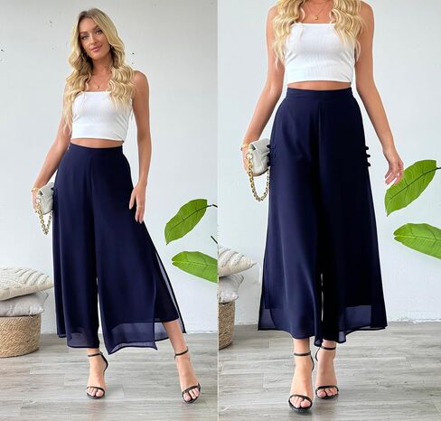 Women's Summer Capris Culottes Chiffon Wide Leg Palazzo Pants Pull on Side Split Trouser Beach Outfit in Saudi Arabia