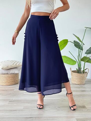 Women's Summer Capris Culottes Chiffon Wide Leg Palazzo Pants Pull on Side Split Trouser Beach Outfit in Saudi Arabia