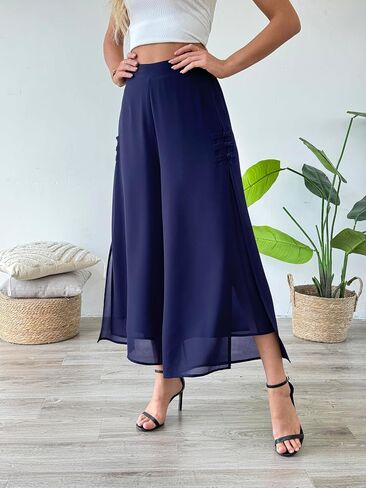 Women's Summer Capris Culottes Chiffon Wide Leg Palazzo Pants Pull on Side Split Trouser Beach Outfit in Saudi Arabia