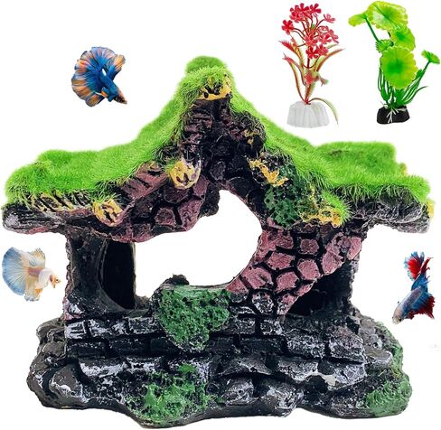Hamiledyi 4PCS Aquarium Decoration, Fish Tank Artificial Resin Castle Ornaments, Betta Tank Landscape Decorations with Plastic Plants for Shrimp Fish Climbing Hiding in Kuwait