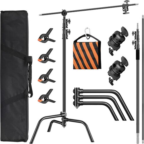 Heavy Duty C Stand 6.9ft/210cm with Holding Arm Sandbag and storage bag Grip Head Stainless Steel Photography Light Stand C-Stand Sturdy for Photography Studio Video Monolight Softbox Shooting（Silver） in Saudi Arabia