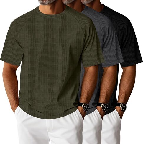 RIYIPER 3 Pack Men's Waffle knusted Sleeve Crewneck Thirts Solid Raglan Sleeve Tees Pullover Tees in Saudi Arabia
