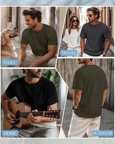 RIYIPER 3 Pack Men's Waffle knusted Sleeve Crewneck Thirts Solid Raglan Sleeve Tees Pullover Tees in Saudi Arabia