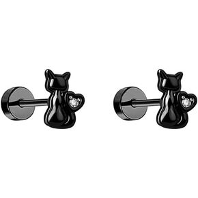 18g Black Cat Small Stud Earrings for Women Cute Stainless Steel Animal CZ Heart Flat Screw Back Catilage Piercing Sleeper Studs Hypoallergenic Fashion Jewelry for Daughter Her in Saudi Arabia