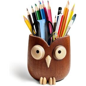 Ebony cute owl pen holder, makeup brush storage tube, magnetic eyes 360° rotation, unzip, suitable for office, school, household storage, office accessories creative gifts (dark brown) in Saudi Arabia