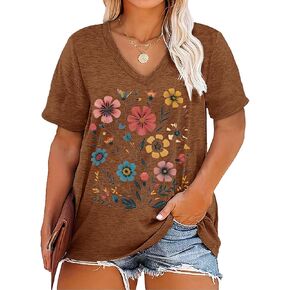 Womens Plus Size Tops Boho Floral Short Sleeve V Neck T-Shirt Casual Summer Wildflower Graphic Tees in Saudi Arabia