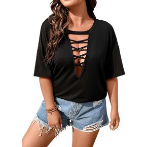 WDIRARA Women's Plus Size Cut Out Criss Cross Tee Butterfly Patched Back Drop Shoulder Half Sleeve Sexy Tops in Kuwait