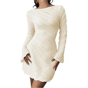 Milumia Women's Textured Backless Long Bell Sleeve Mini Dress Boat Neck Lettuce Trim Short Dresse Going Out in Saudi Arabia