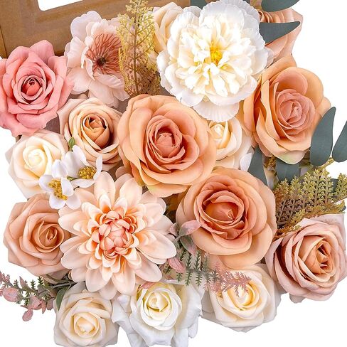 Artificial Flowers Combo Set Fake Brown Nude Bouquet w/Stems Box Mix Faux Silk Dahlia Roses Bulk for Wedding Arrangements DIY Bridal Floral Baby Shower Table Centerpieces Birthday Party Home Decor in Saudi Arabia