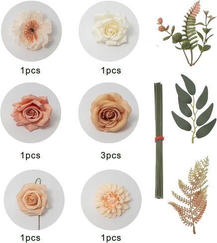 Artificial Flowers Combo Set Fake Brown Nude Bouquet w/Stems Box Mix Faux Silk Dahlia Roses Bulk for Wedding Arrangements DIY Bridal Floral Baby Shower Table Centerpieces Birthday Party Home Decor in Saudi Arabia