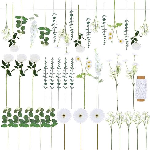 Hoteam 51 Pcs 26 Pcs DIY Flower Garland Artificial Hanging Wildflower Backdrop Set Fake Rose Eucalyptus Daisy Poppy Wild Flower Decor for Wedding Party Birthday Home Garden (White,Champagne,Pink) in Saudi Arabia
